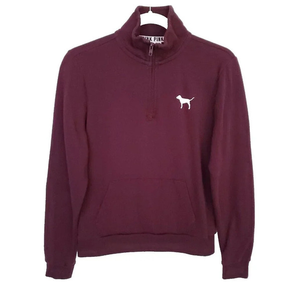 Pink Victoria's Secret Sweatshirt Small Burgundy Quarter Zip Cowl Neck Pullover - Picture 1 of 12